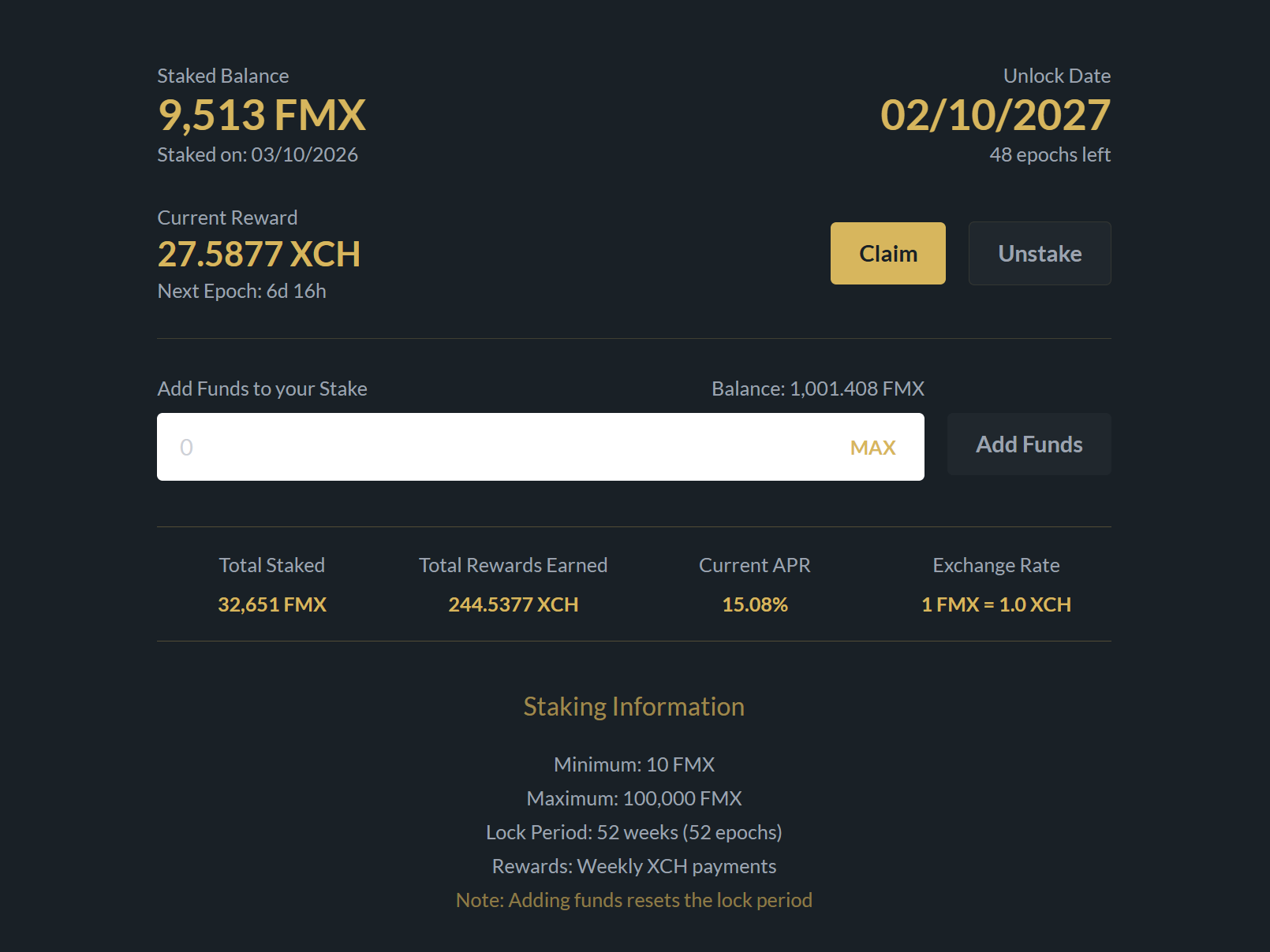 FarmX Stake dashboard